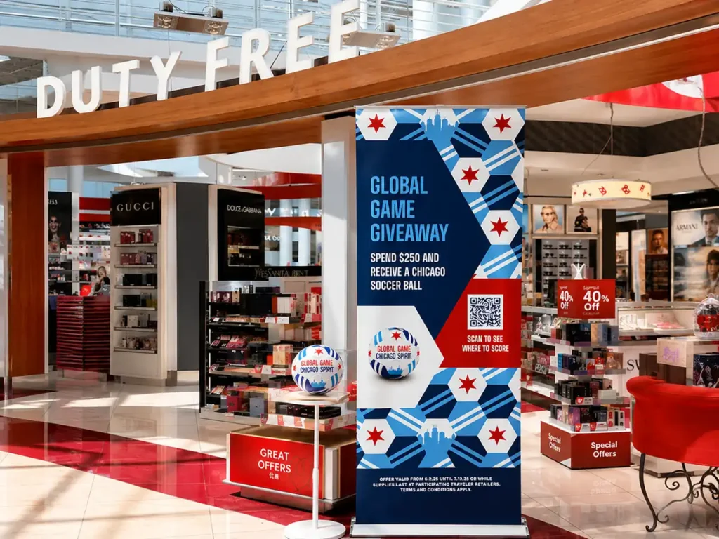 Custom Chicago soccer ball displayed in a World Cup promotion at Chicago O’Hare Airport Terminal 5.