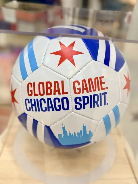 Custom Chicago-themed soccer ball featuring “Global Game. Chicago Spirit.” graphics and city skyline design.